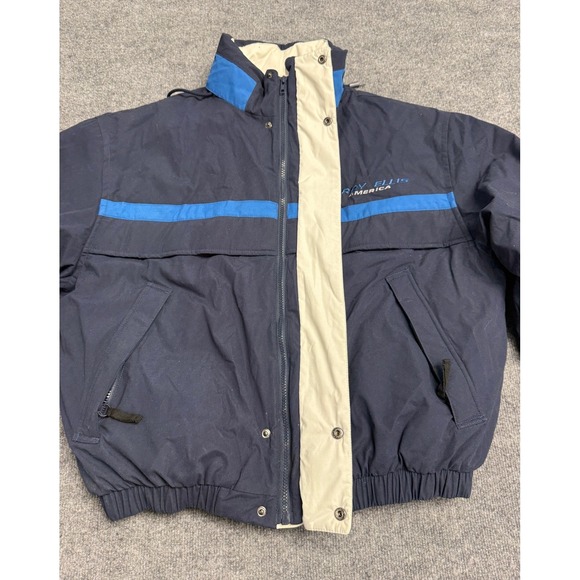 Vintage Perry Ellis America Blue Stripe Puffer Jacket Size L Hooded Winter New - Picture 4 of 14